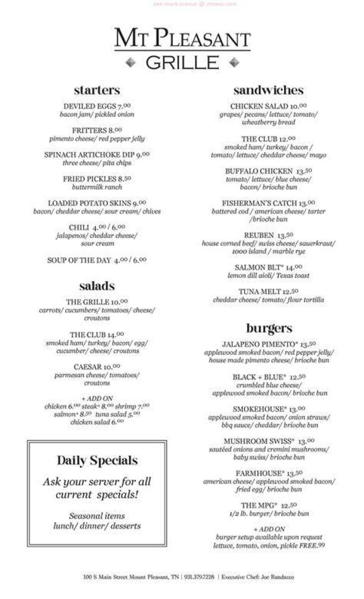 Mt Pleasant Grille menu in Mt Pleasant, Tennessee, USA